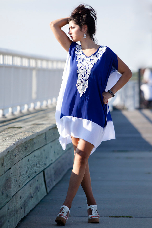 F4556 Blue White Chiffon Colorblock Crochet Applique Kaftan
